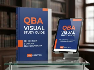 Thick QBA visual study guide and a tablet displaying the digital version on a glass academic podium
