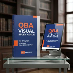 Thick QBA visual study guide and a tablet displaying the digital version on a glass academic podium