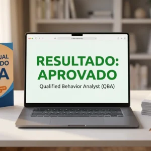 Pacote QBA de preparação para o exame com certificado emoldurado, notebook exibindo resultado aprovado e guia de estudo visual da ABA Practice.