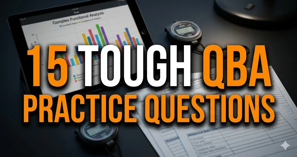 15 tough QBA practice questions featuring a functional analysis graph and clinical data sheets for Qualified Behavior Analyst exam prep.