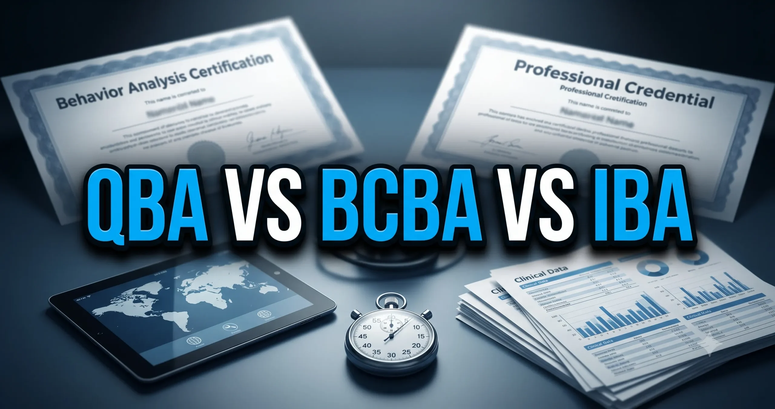 QBA vs BCBA vs IBA global certification guide comparison featuring clinical documents, an iPad with global maps, and a stopwatch for behavior analyst career paths.